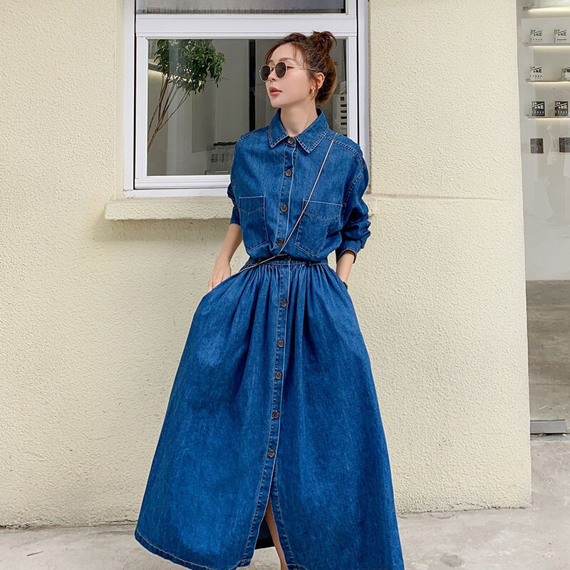 ワンピース｜デニムロング・Aライン・ハイウエスト・薄手・足首丈・スリム・おしゃれ・秋・大きいサイズ|undefined