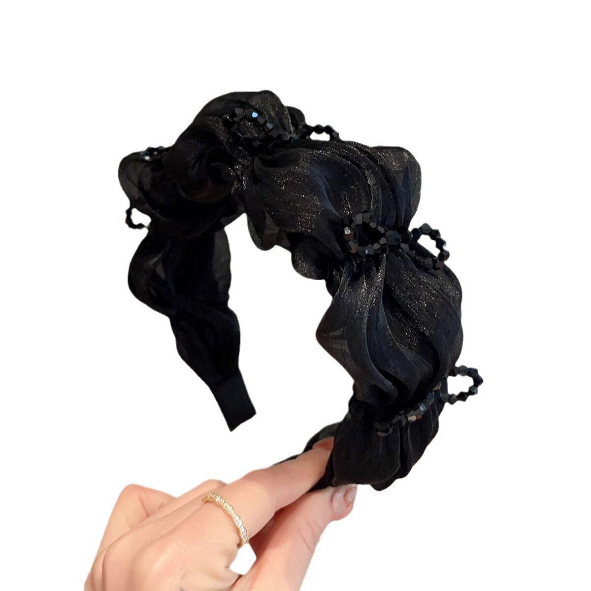 ヘアバンド｜黒・カチューシャ・高級感・プリーツ・クリスタル・ユニーク・ヘアクリップ|undefined