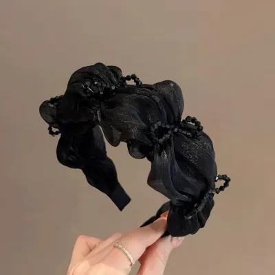 ヘアバンド｜黒・カチューシャ・高級感・プリーツ・クリスタル・ユニーク・ヘアクリップ