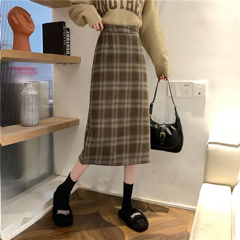 スカート｜韓国風・秋冬・ウール・ハイウエスト・チェック・ミディアム丈・マニアック|undefined