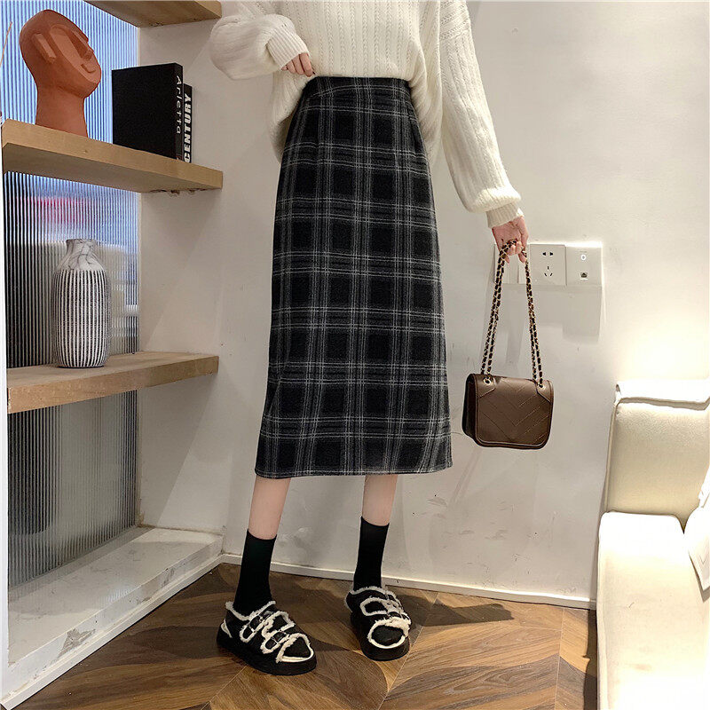 スカート｜韓国風・秋冬・ウール・ハイウエスト・チェック・ミディアム丈・マニアック|undefined