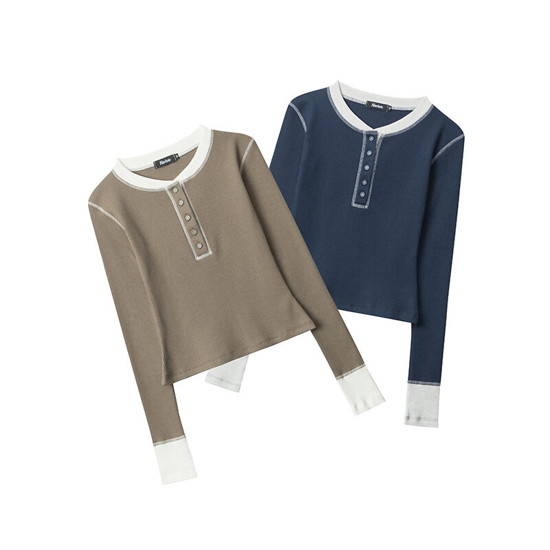 トップス｜韓国風・ユニーク・スリムフィット・ショート丈・レイヤード風・長袖Tシャツ|undefined