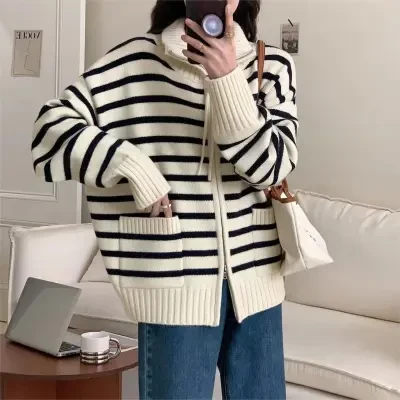 on% closet カーディガン｜ダブルジッパー・ストライプ・ニット・ダブルポケット・秋冬・マニアック