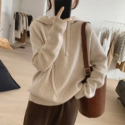 on% closet ニットトップス｜韓国風・デザイン感・秋冬・ゆったり・スリム・プルオーバー・フード付き・ロングスリーブ