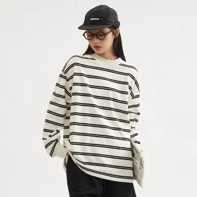 Tシャツ｜ヴィンテージ・ストライプ・プルオーバー・ルーズ・カップル・長袖