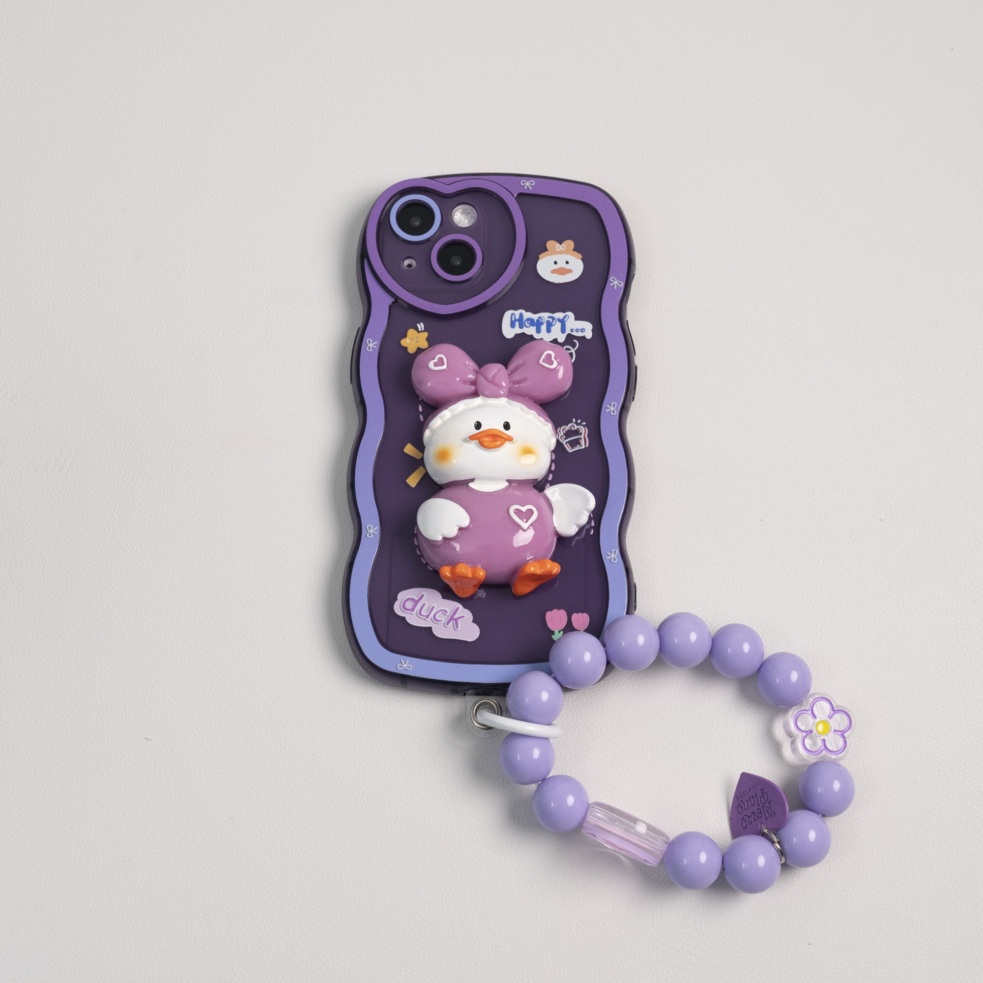 【インスタ風】立体可愛いアヒルちゃんiPhone対応スマホケース｜紫ストラップ付き|undefined