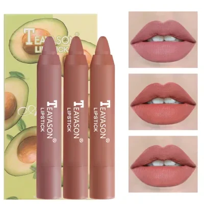 クレヨンリップスティック3pcs小型セット口紅マットマットベルベットエア口紅ペンシル化粧品