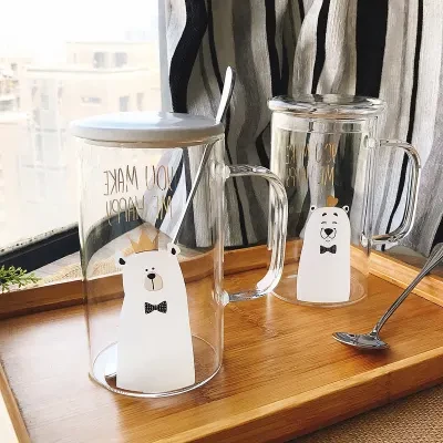 大容量ガラスカップ｜かわいいくまちゃんの柄・蓋は別売り・スプーンなし