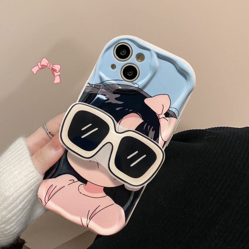 「iPhone多機種対応」メガネをかけた可愛い女の子スマホケース｜ポップクリップ付き・スタンド|undefined