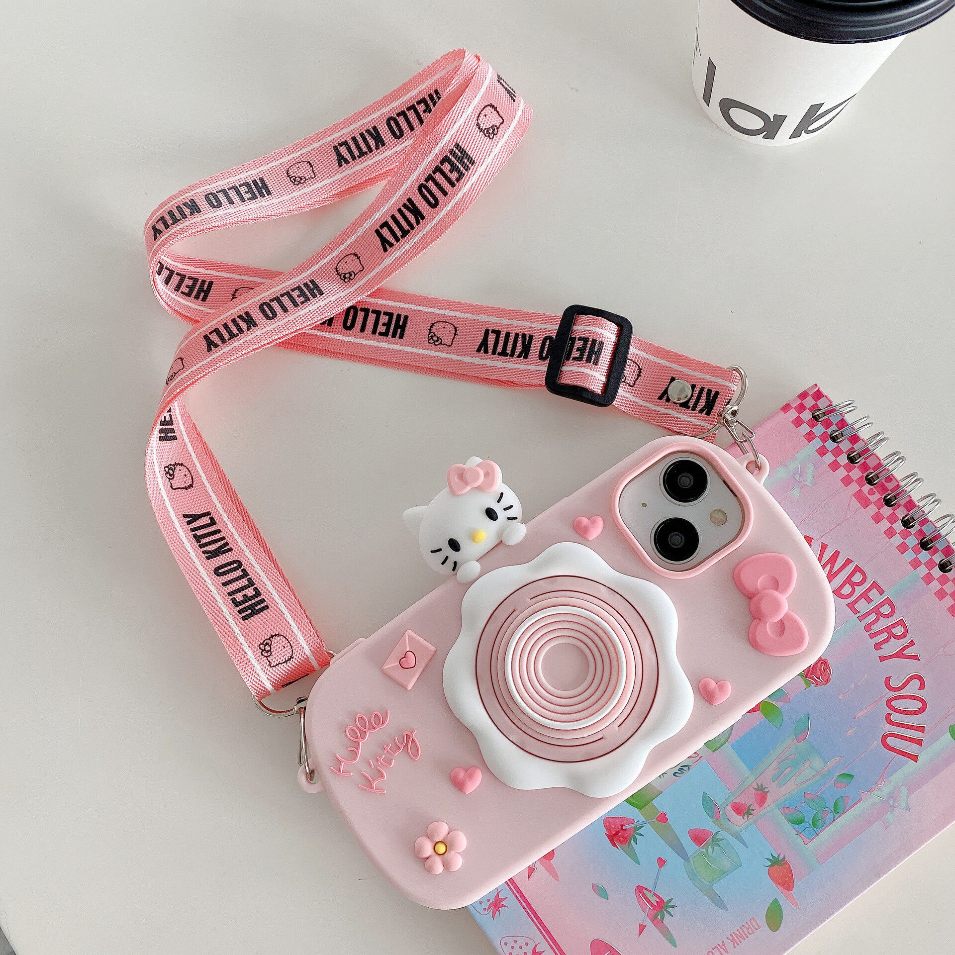 スマホケース｜iPhone多機種対応・かわいいキティちゃん・スタンド機能・ショルダーストラップ付で持ち運び便利！