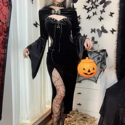 コスプレ衣装通販 コスプレドレスセット｜ハロウィン・新作・フレアスリーブ・スパイダーウェブ柄・恐ろしい雰囲気を作り出す