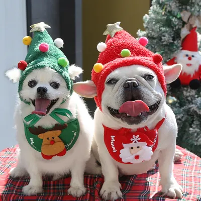 犬猫ペットのクリスマス帽子・よだれかけ｜ぬいぐるみ付き 毛玉付き かわいい ベルベット