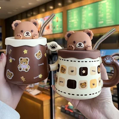 かわいいマグカップ｜ベアーのデザイン・セラミック製・取っ手付き・ストローとスプーン付き！