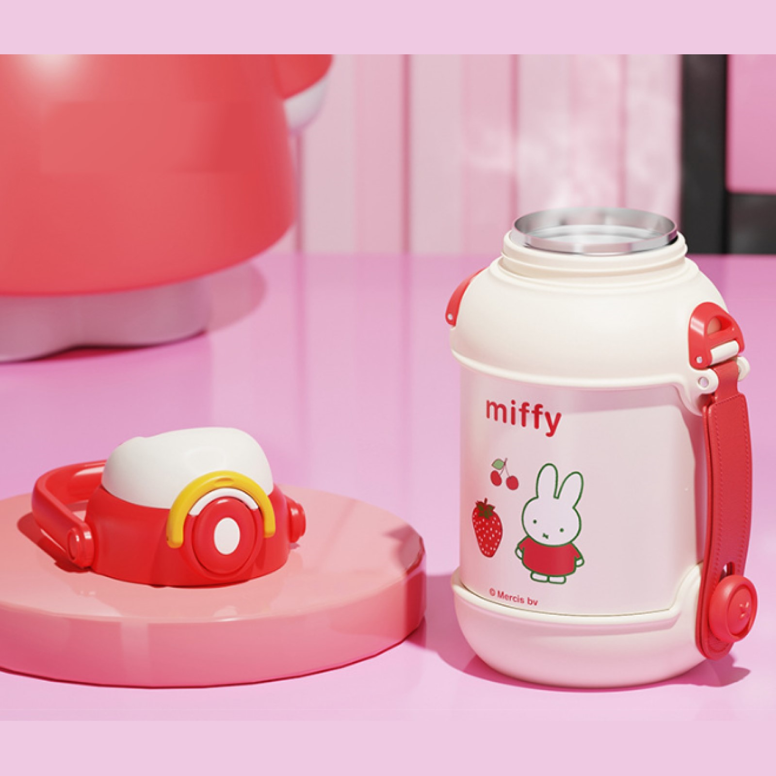 手提げハンドル付き真空断熱ボトル900ml｜可愛いウサギの柄入り・ストロー付き/直飲み可・スポーツボトル・保温保冷水筒|undefined