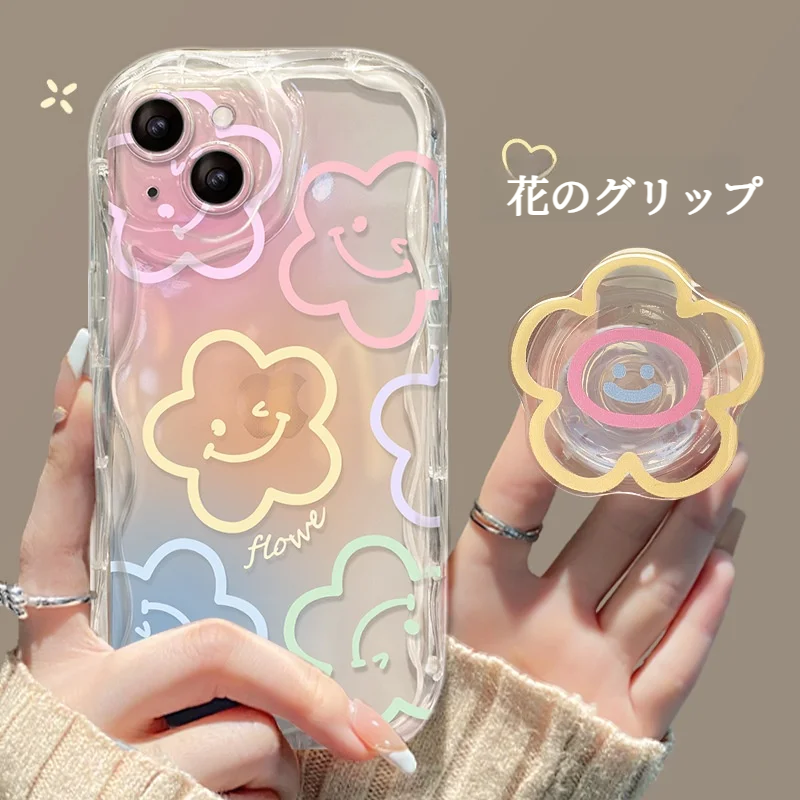 【スマホグリップ付き】笑顔と花柄・透明なiPhoneケース｜女性向け・オーロラ・多機種対応・iPhone 15/14/13/12/11/SE|undefined