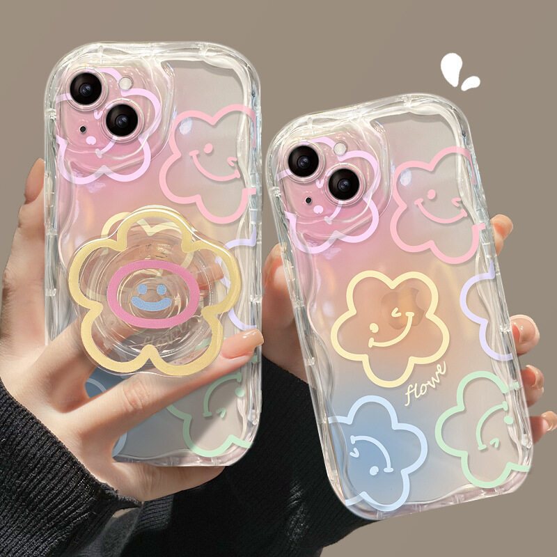 【スマホグリップ付き】笑顔と花柄・透明なiPhoneケース｜女性向け・オーロラ・多機種対応・iPhone 15/14/13/12/11/SE|undefined