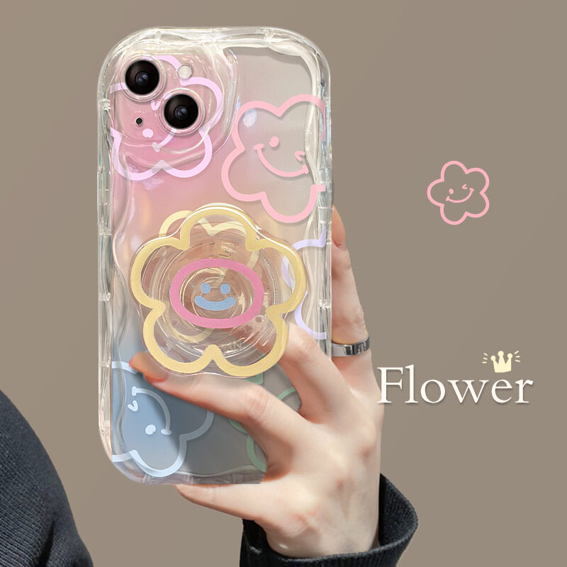 【スマホグリップ付き】笑顔と花柄・透明なiPhoneケース｜女性向け・オーロラ・多機種対応・iPhone 15/14/13/12/11/SE|undefined