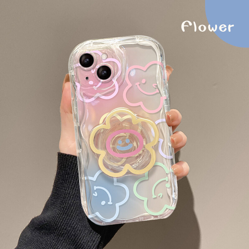 【スマホグリップ付き】笑顔と花柄・透明なiPhoneケース｜女性向け・オーロラ・多機種対応・iPhone 15/14/13/12/11/SE|undefined