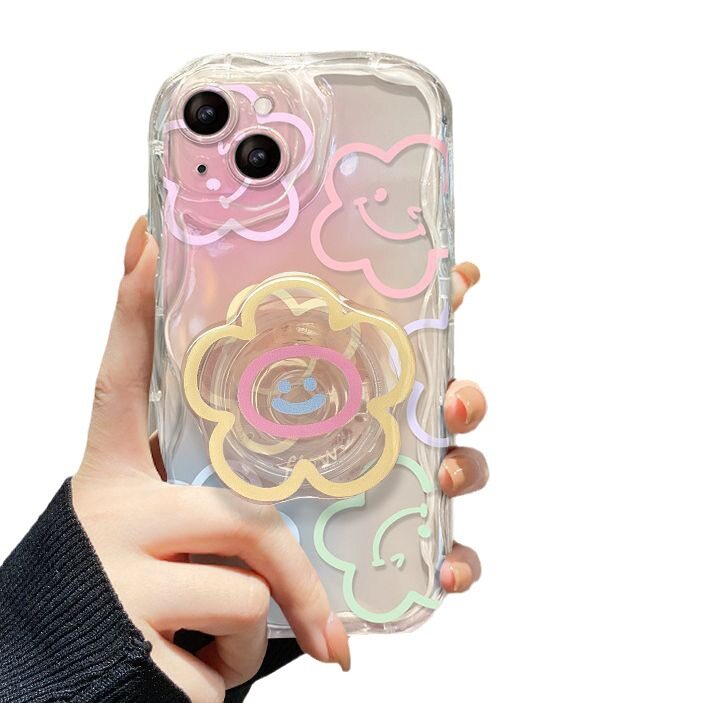【スマホグリップ付き】笑顔と花柄・透明なiPhoneケース｜女性向け・オーロラ・多機種対応・iPhone 15/14/13/12/11/SE|undefined