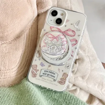 ワクワク広場 【Magsafe対応】リボン、うさぎ、iPhoneケース｜磁気吸着、グリップ付き、iPhone15/14/13/12