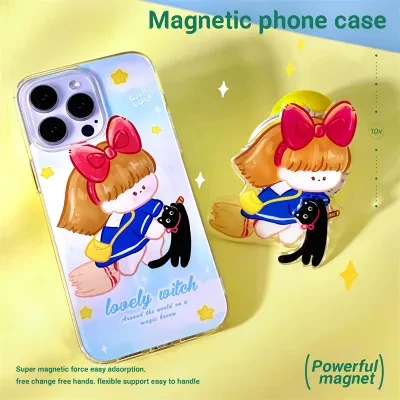 【Magsafe対応】ほうきに乗る少女と黒猫 iPhoneケース｜磁気吸着、マグネット式グリップ、iPhone15/14/13/12/11/SE