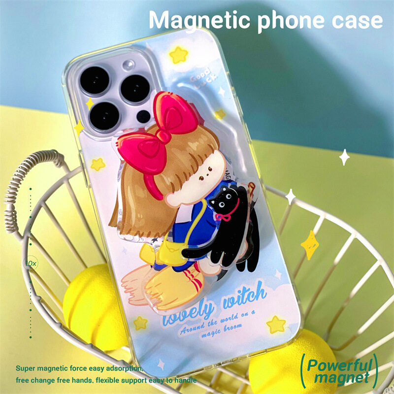【Magsafe対応】ほうきに乗る少女と黒猫 iPhoneケース｜磁気吸着、マグネット式グリップ、iPhone15/14/13/12/11/SE|undefined