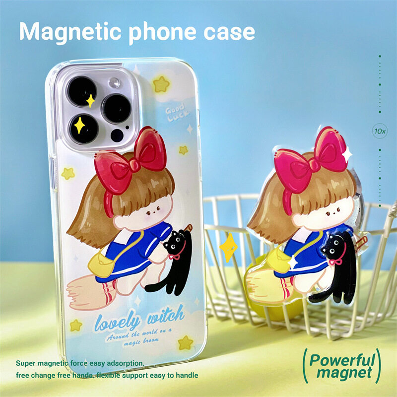【Magsafe対応】ほうきに乗る少女と黒猫 iPhoneケース｜磁気吸着、マグネット式グリップ、iPhone15/14/13/12/11/SE|undefined