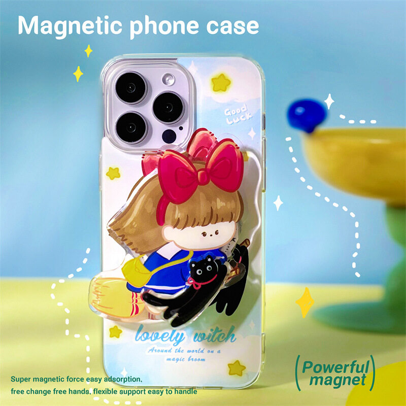 【Magsafe対応】ほうきに乗る少女と黒猫 iPhoneケース｜磁気吸着、マグネット式グリップ、iPhone15/14/13/12/11/SE|undefined