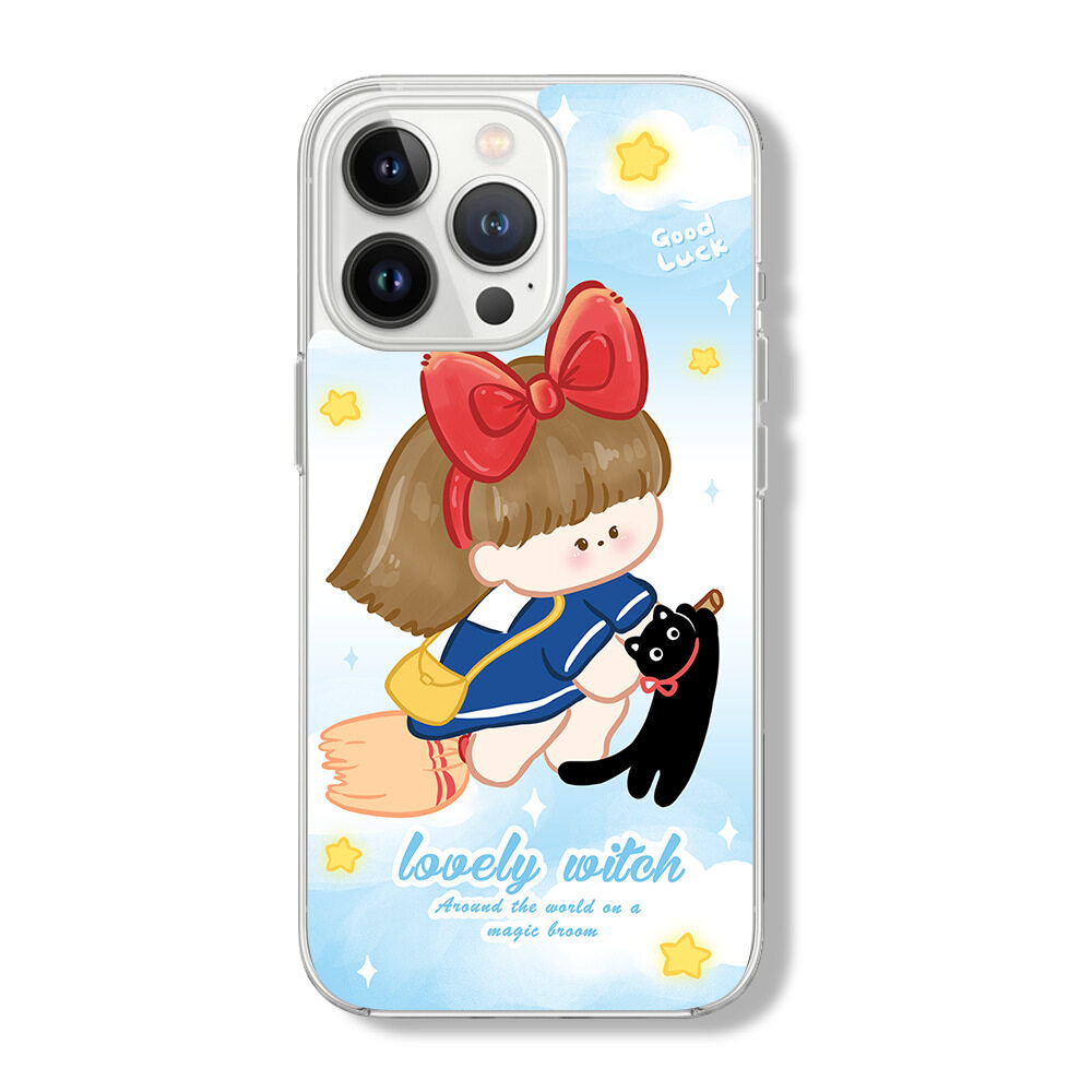 【Magsafe対応】ほうきに乗る少女と黒猫 iPhoneケース｜磁気吸着、マグネット式グリップ、iPhone15/14/13/12/11/SE|undefined