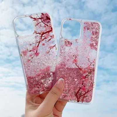 ワクワク広場 iPhone用スマホケース|iPhone15Pro対応・ピンク色・桃の花枝柄・ラメ付き・グリッター