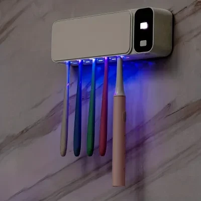 UV 歯ブラシ 清浄 ホルダー、殺菌 全歯ブラシ用、カミソリあり、壁掛け シール 内蔵 1200mAh 電池 長持ち電池