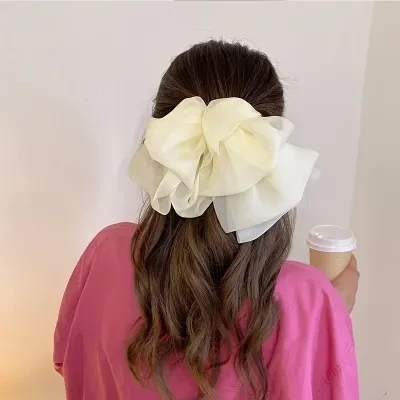 ヘアクリップ｜シフォン・バレッタ・二層・蝶結び・手作り・フレンチスタイル・リボン・ポニーテール