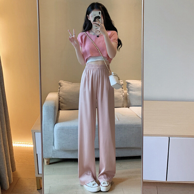 アイスシルクワイドパンツ |ロングズボン・冷感生地・ボトム・レディースファッション・シンプル・カジュアル・薄手・ハイウエスト・万能アイテム・夏服・服|undefined