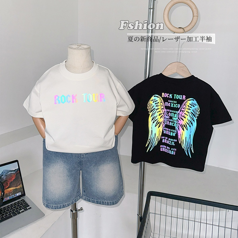 Tシャツ｜2024新作・子供服・韓国風・クール・レーザーレター・男の子・女の子・かっこいい・プリントTシャツ|undefined