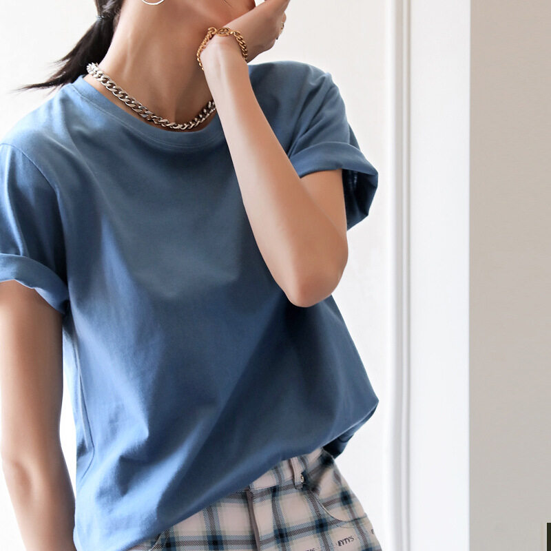 Ｔシャツ｜女性用・上着・トップス・コットン・夏新作・無地・薄手・ゆったり・半袖・丸襟・服|undefined