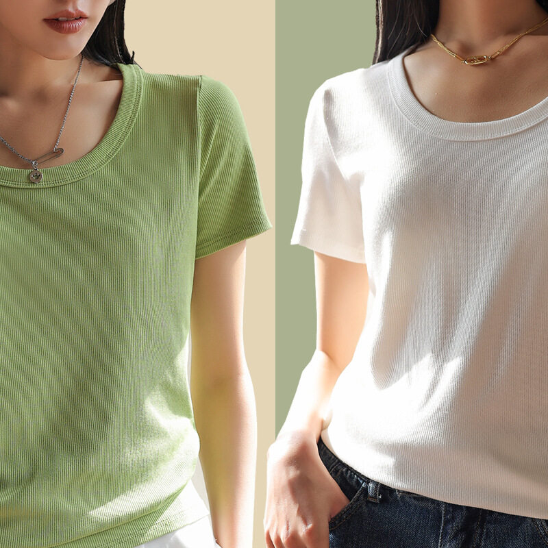 Ｔシャツ｜女性用・上着・トップス・2024年新作・無地・Uネック・シンプル・インナー・半袖・レディースファッシ・薄手・夏・服|undefined