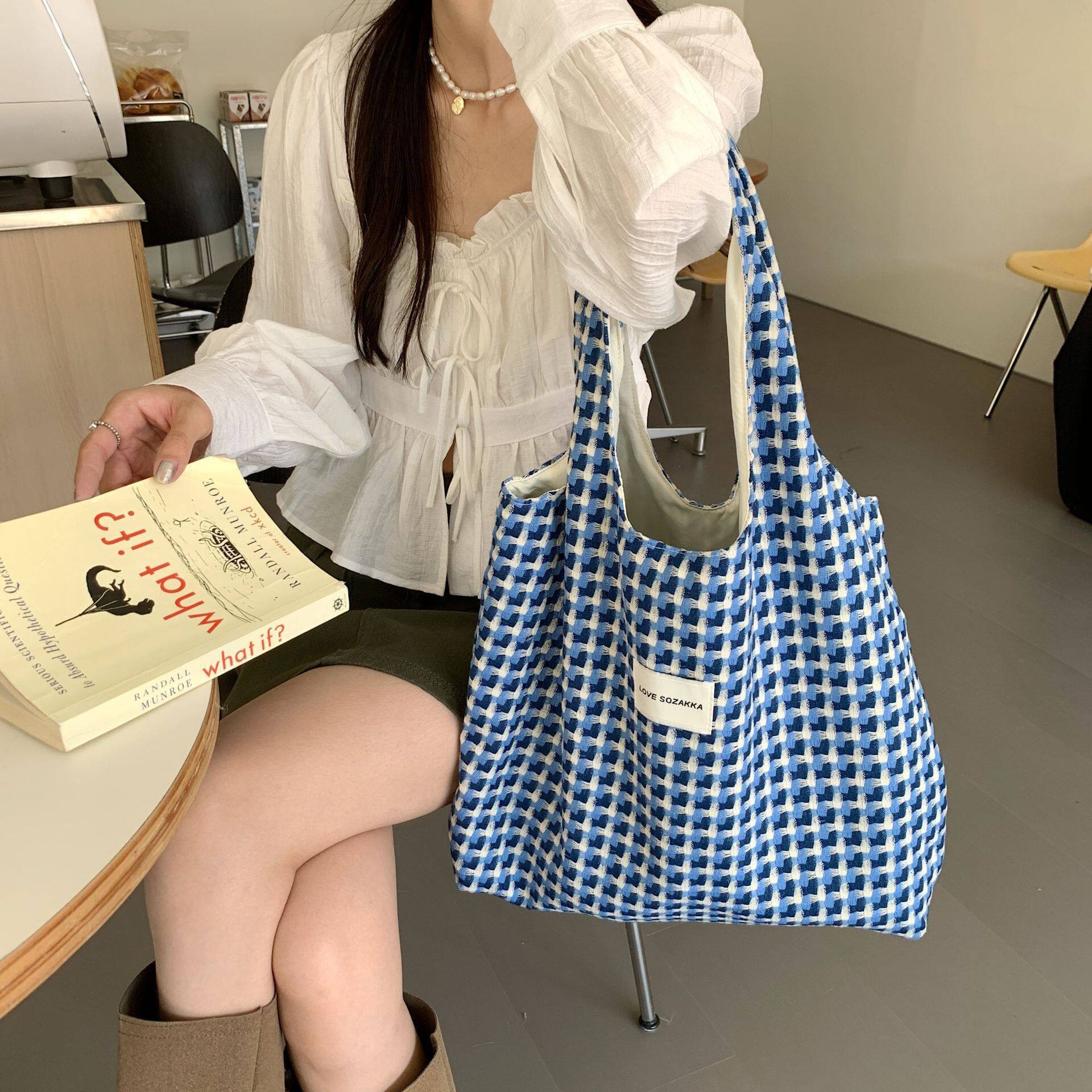ショルダーバッグ｜韓国風・格子柄・編み込み・学生用・おしゃれ・軽量・キャンバス・プレゼント|undefined