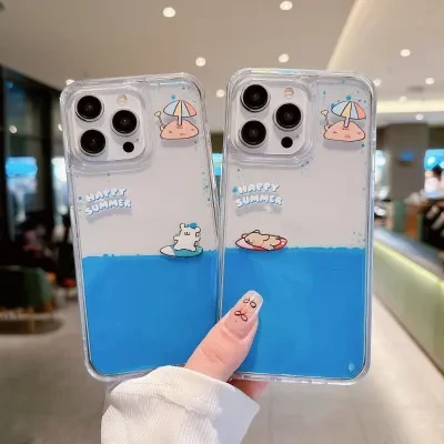FunCASE サーフィン犬iPhone15Proケース・透明流砂・夏らしい・清新・可愛い