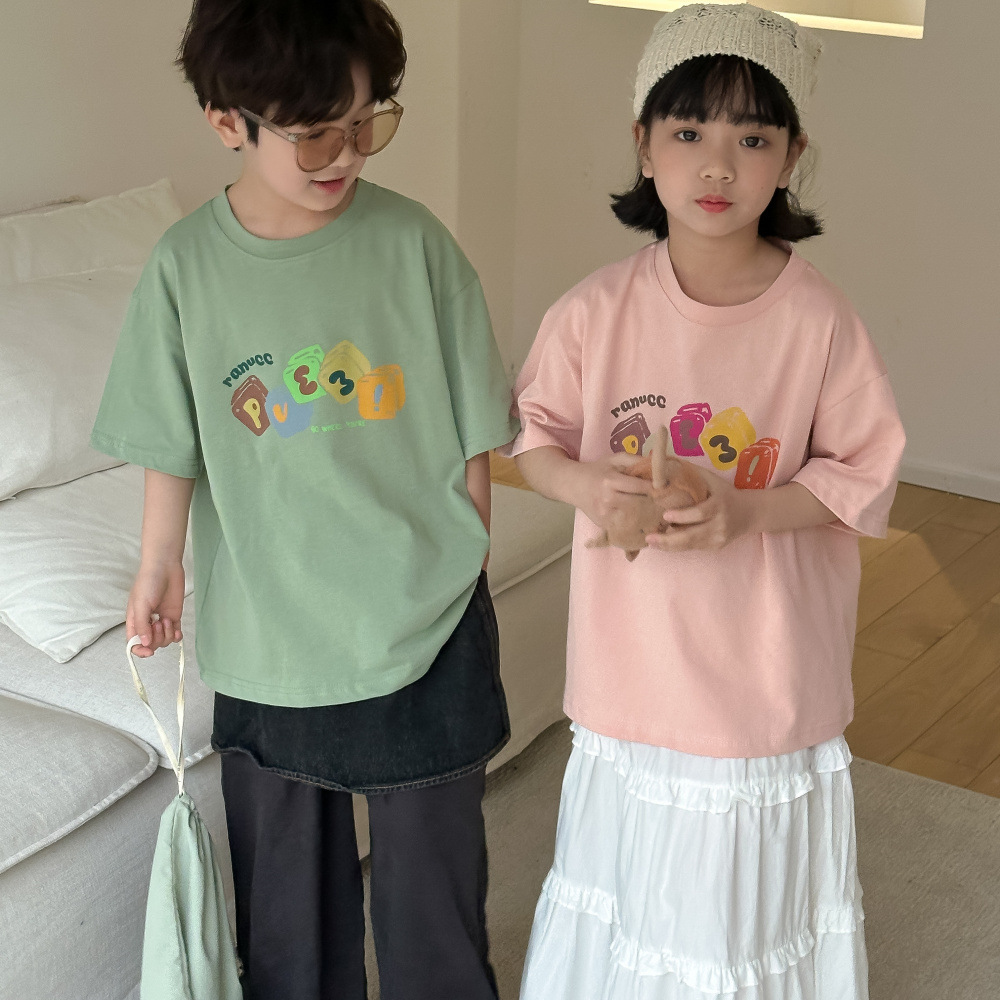 子供Tシャツ｜2024夏・女の子用・韓国風・アルファベット・ボックス柄・半袖・カジュアル・丸首・ゆったり・短袖|undefined