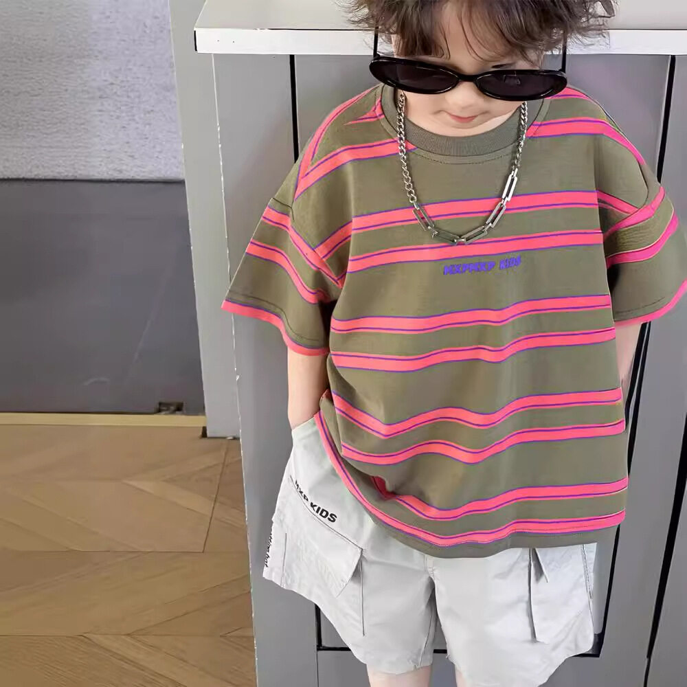 子供服｜子供用・ストライプ柄・プリントTシャツ・2024夏・新作・半袖・快適・上着・男の子|undefined