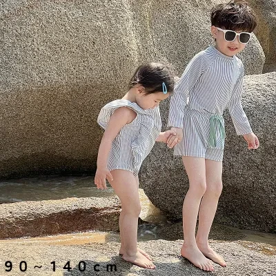 子供水着｜兄妹コーデ・兄妹揃い・子供用・日焼け止め・速乾・ストライプ柄・長袖・セット・カジュアル・洋風・水着・キッズ