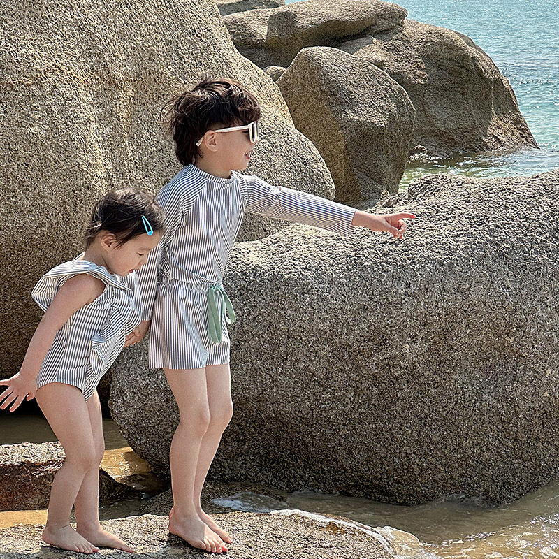 子供水着｜兄妹コーデ・兄妹揃い・子供用・日焼け止め・速乾・ストライプ柄・長袖・セット・カジュアル・洋風・水着・キッズ|undefined