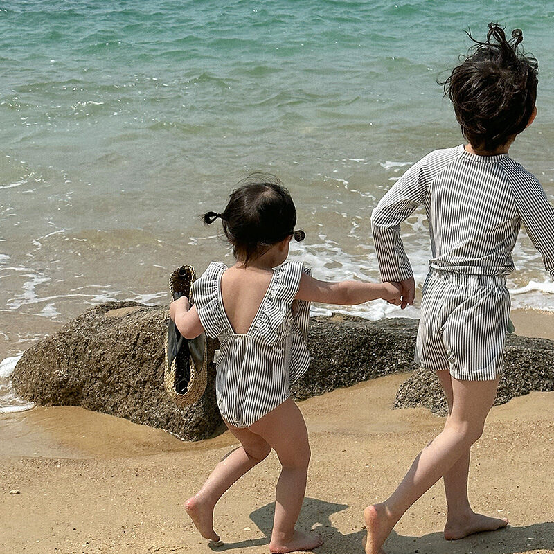子供水着｜兄妹コーデ・兄妹揃い・子供用・日焼け止め・速乾・ストライプ柄・長袖・セット・カジュアル・洋風・水着・キッズ|undefined