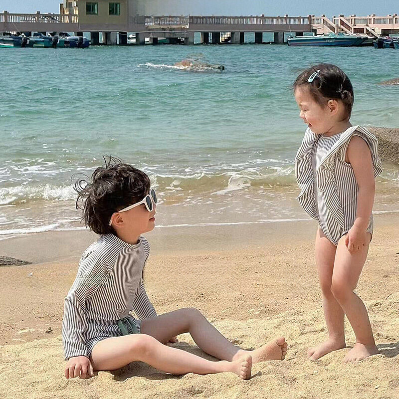 子供水着｜兄妹コーデ・兄妹揃い・子供用・日焼け止め・速乾・ストライプ柄・長袖・セット・カジュアル・洋風・水着・キッズ|undefined