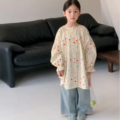 子供服｜キッズ・カラフル・ドット・シャツ・子供用・春・女の子・韓国風・カジュアル・ゆったり・トップス