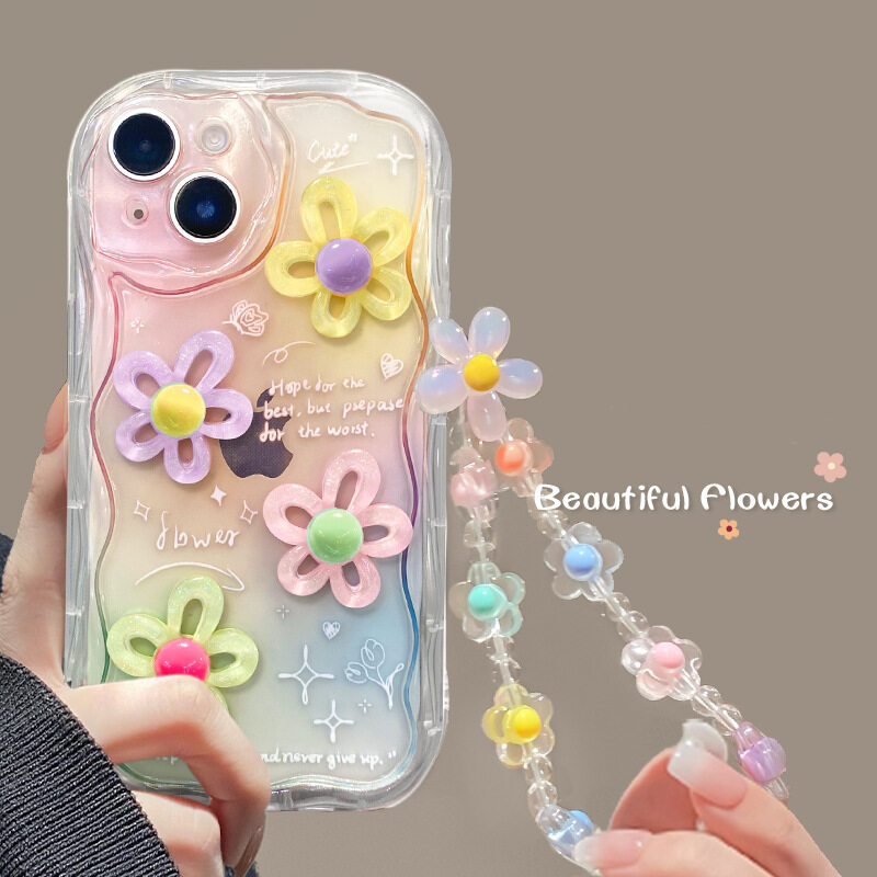 iPhone用スマホケース｜iPhone14promax・13/15対応・カラフル・立体的な花・チェーン・透明シリコン・ハンドチェーン付き|undefined