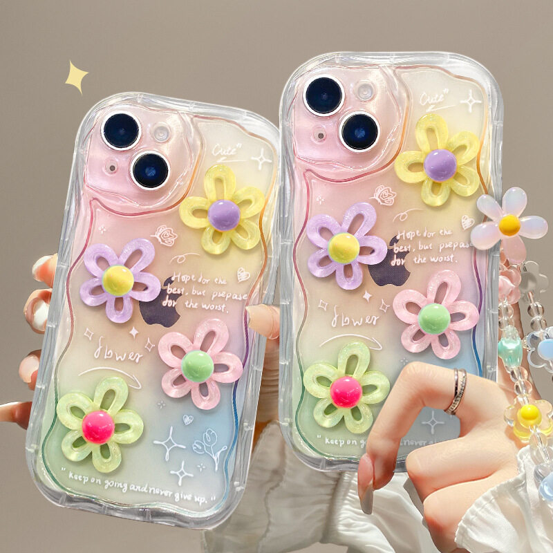 iPhone用スマホケース｜iPhone14promax・13/15対応・カラフル・立体的な花・チェーン・透明シリコン・ハンドチェーン付き|undefined