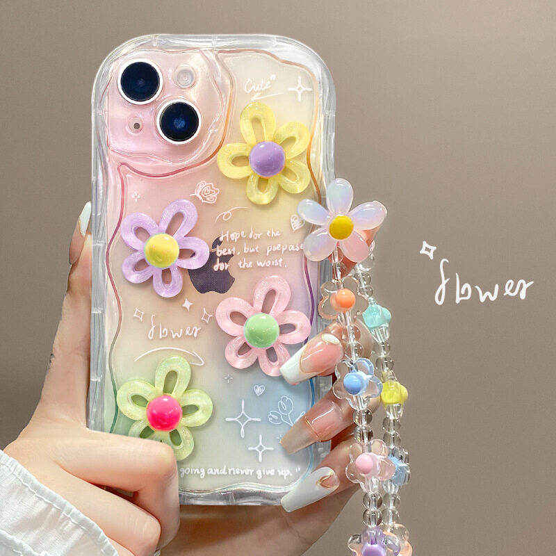 iPhone用スマホケース｜iPhone14promax・13/15対応・カラフル・立体的な花・チェーン・透明シリコン・ハンドチェーン付き|undefined