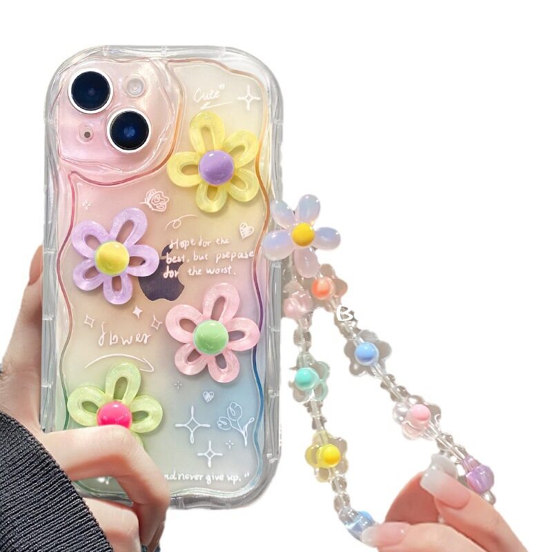 iPhone用スマホケース｜iPhone14promax・13/15対応・カラフル・立体的な花・チェーン・透明シリコン・ハンドチェーン付き|undefined