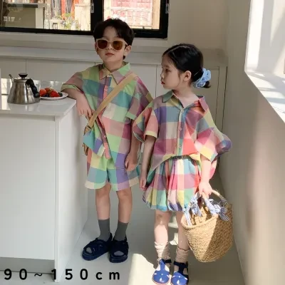 子供服｜兄妹コーデ・子供用・セットアップ・夏・新作・カラフルチェック柄・男女兼用・ショートパンツ付き・兄弟姉妹お揃い・可愛い・快適